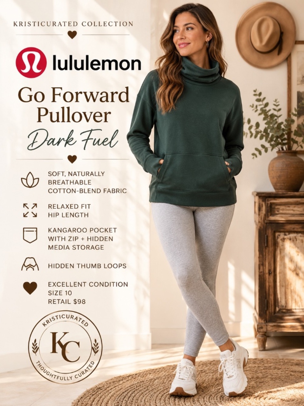 lululemon Go Forward Pullover Dark Fuel Size 10 Soft Cowl Neck